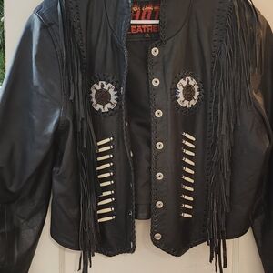 Feathers Black Leather Jacket with Fringe and Embellishments